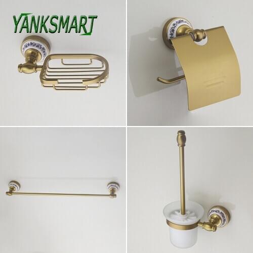 YANKSMART Brushed Gold Solid Brass Ceramics Bath Shelf Soap Dish Toilet Holders Paper Holder Bathroom Accessories Hardware Set