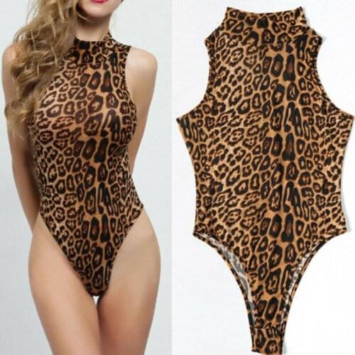 Plus Size S-2XL Women Sexy Sleeveless Turtleneck Leopard Print Slim Fit Skinny Body Suits Stretch Fashion Leotard Rompers