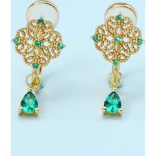 Lace hollowed-out green zircon ear-piercing ear clip female elegant earrings for women boucle d'oreille bijoux femme