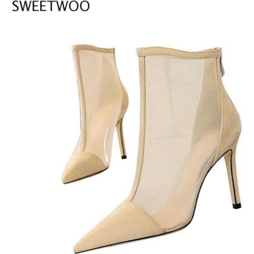 Spring Autumn New Sexy Mesh Ankle Boots Women Pointed Toe Stiletto Heels Fashion Zip Ladies Party Shoes Size 34-40