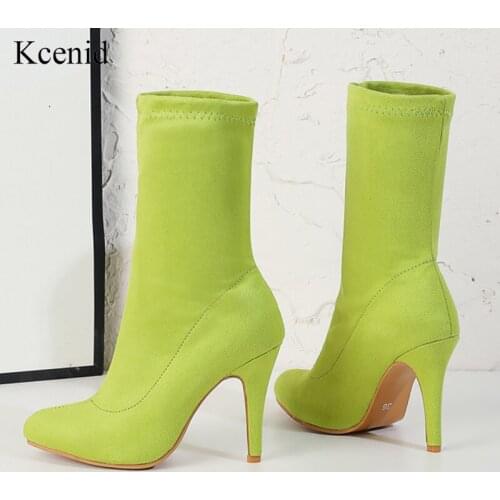 Kcenid 2020 New women ankle boots high heels pointed toe winter boots women shoes stiletto heel stretch flock shoes big size 43