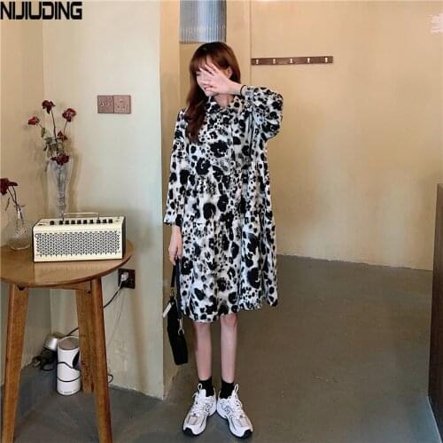 NIJIUDING Autumn France Style Turn Down Collar Leopard Dress Womens Vintage Loose High Waist Long Sleeve A-Line Dresses Female