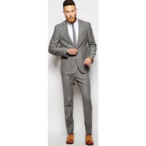 Winter Grey Suit Tweed Vintage Men Suits for Wedding 2 Pieces Formal Groom Tuxedos Handsome Male Suits Blazers Slim Fit Jacket