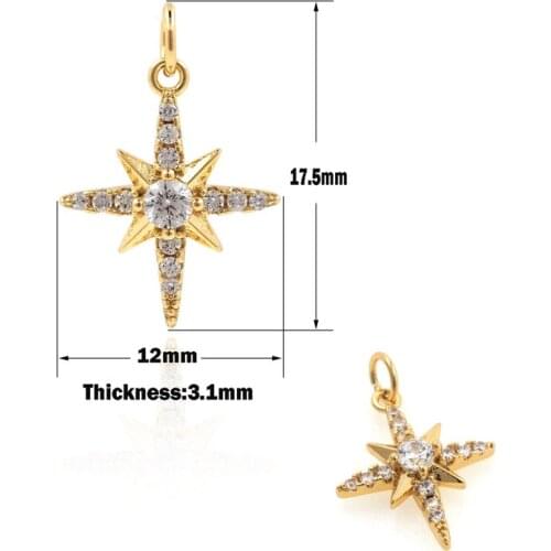 Golden Polaris Pendant Micropavé Polaris Star Charm Cubic Zirconia Necklace DIY Jewelry Components 17.5×12×3.1mm