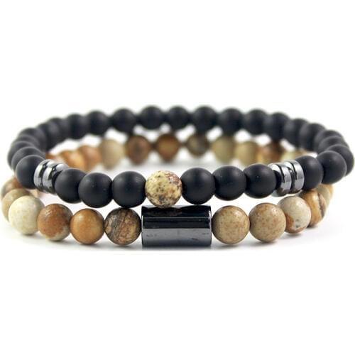 2pcs/set Fashion Handmade Natural Stone Lava Stone Natural Mens Round Beads Strand Bracelet Jewelry Gift for lovers friends