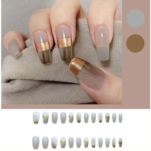 24Pcs/Set Fake Nails Golden Gray Grid Long Coffin Nail Art Fully Covered Nail Decoration Accessories Fashion Manicure Sticker