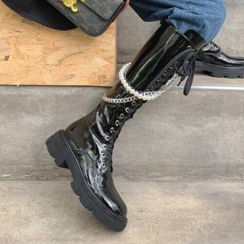 Martin Boots Womens Shoes 2021 Autumn Winter New Leather British Style Knight Boots String Bead Black Lace-up Knee High Boots