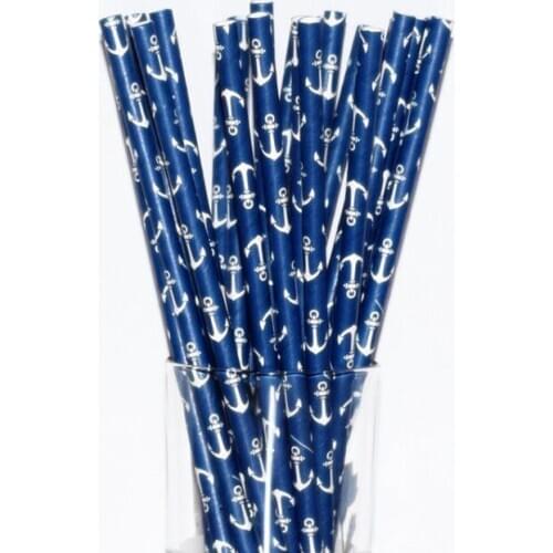 25pcs/lot Anchor Paper Straws Cake Pops Nautical Navy Blue Drinking Straws Baby Shower Bridal Wedding Party Birthday Xmas