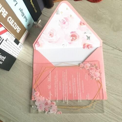 Flower Invitation Cards for Wedding Birthday Party 10pcs with Pink Matching Envelop Acrylic Invitations Luxury Transparent Cards