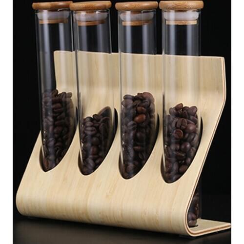 LBER Wooden Coffee Beans Tea Display Rack Stand Glass Test Tube Sealed Storage Decorative Ornaments Cereals Canister for Barista
