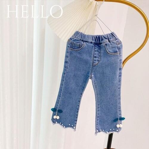 Spring And Autumn Kids Jean For Girl Childrens Baby Korean Sweet Pearl Cherry Horn Casual Toddler Jeans