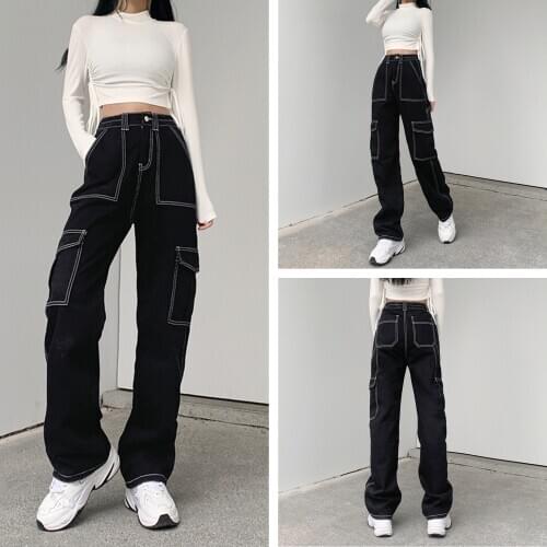 2021 Cargo Jeans For Girls Women Fashion Sexy High Waist Loose Black Big Pockets Decor Wide Leg Straight Denim Pants Streetwear