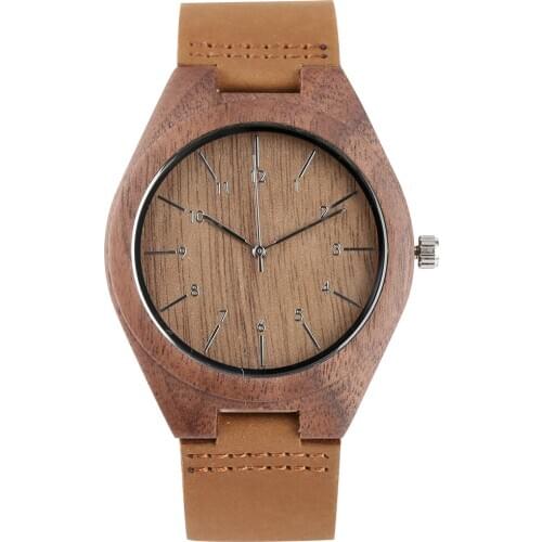 Quartz Wooden Watch for Men Concise Dial with Arabic Numerals Watches Leather Strap Wooden Wristwatch for Boyfriend