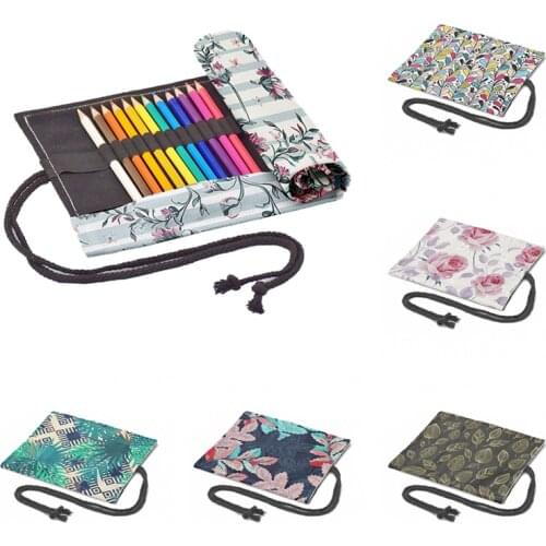 Leaf Printed Pencil Case 12/24/36/48/72 Holes Beautiful Flowers Student Drawing Art Pen Bag Canvas Pencil Bag School Supplies