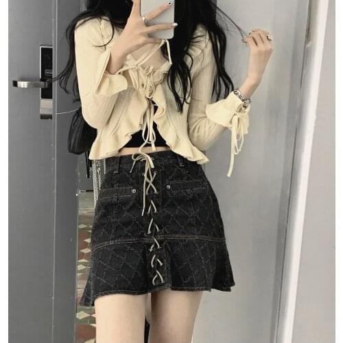 2021 summer new design sense niche treasures non-collision special washed diamond bandage denim skirt DQ1334