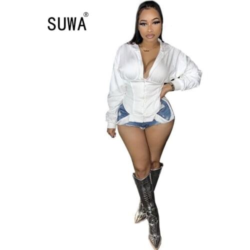 Single-Breasted Summer Loose T Shirt For Women Turn Down Collar Long Sleeve Tops Casual White Hollow Out Club Party T-Shirt Tee