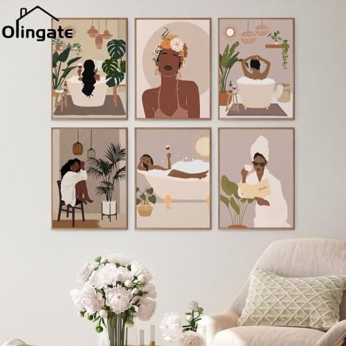 Nordic Posters and Prints Abstract Art Girl Flower Green Plants One Piece Canvas Painting Home Decor for Living Drawing Room