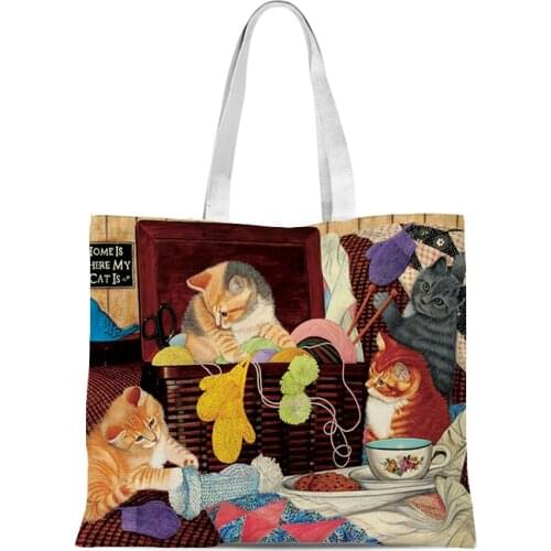 Grocery store kitten cotton and linen handbag fashion shoulder bag ladies leisure eco shopping high-quality foldable handbag