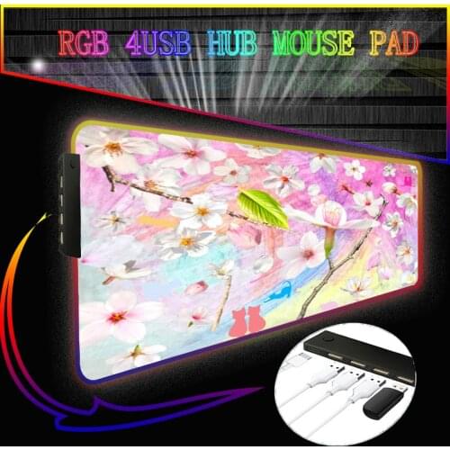 RGB 4 Port USB Hub Pink Flower Pad Large Black Gaming Mouse Pad Floral Mousepad Gamer 900x400 Rubber Keyboard Mats Desk Pad Mat