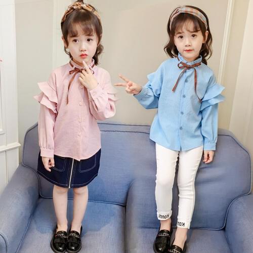 Lovely Baby Girl Ruffles Shirt Clothes Children Wooden Ear Collar Tee Shirts Striped Long Sleeve Blouses for Girls Baby Clothes