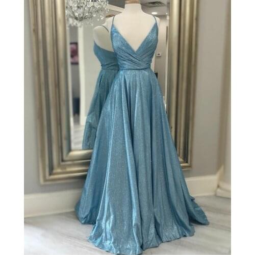 Sexy Pleated V-Neck Long Blue Evening Dresses with Pockets A-Line Corset Back Glitter Abendkleider Robes de Soirée for Women