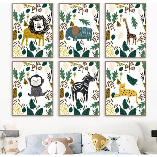 Scandinavian Lion Giraffe Elephant Monkey Wall Art Canvas Painting Nordic Posters And Prints Wall Pictures Kids Baby Room Decor