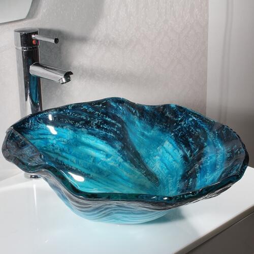 BATHROOM GLASS BASIN SINK BLUE WITH BLACK CLOAKROOM COUNTER FLUTED WAVE PATEL FLOWER BOWL