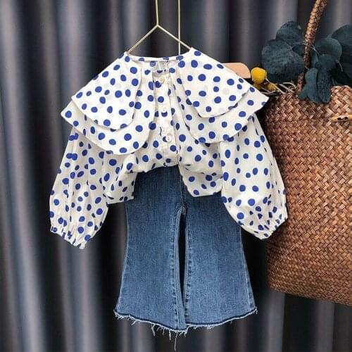 Spring Autumn Girl Clothes Suit Children Clothing Long Sleeve Top Girls Jeans Wide Leg Pants Two Piece Set Fashion Dot Shirt