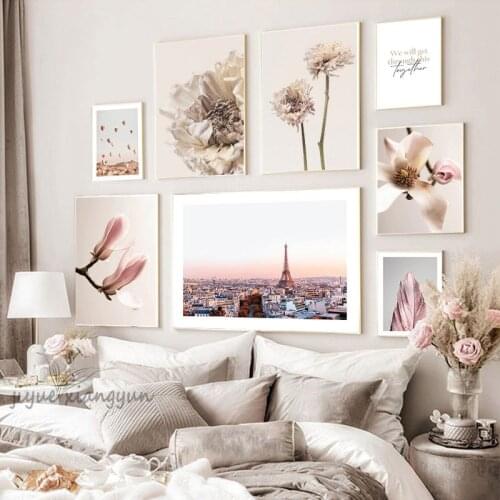 Fire Balloon Paris Tower White Pink Flower Wall Picture Combination Design Art Canvas Painting Nordic Posters For Bedroom Decor