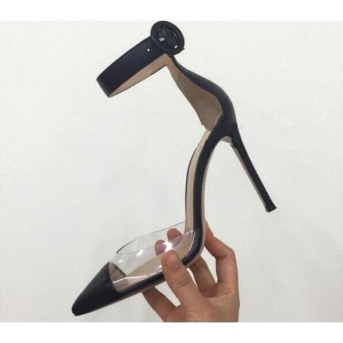 Women Runway Shoes PVC Transparent Pumps Pointed Toe High Heel Pumps Buckle Strap Silver and Black Patchwork Dress Shoes