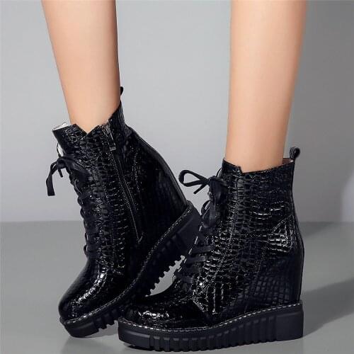 High Top Fashion Sneakers Women Lace Up Cow Leather Wedges High Heel Ankle Boots Female Round Toe Platform Oxfords Casual Shoes