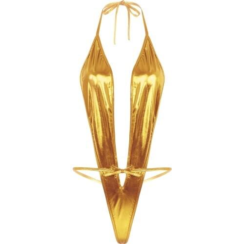 Womens Ladies Shiny Exotic Apparel Bodysuits Catsuit Metallic Leather Bodysuit Lace-up Lingerie Micro Bikini Wetlook Clubwear