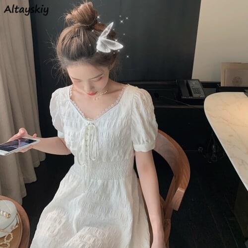 Dresses women lace v-neck pure sweet tender korean style a-line lace-up puff sleeve elegant elastic waist mini Vestidos mujer