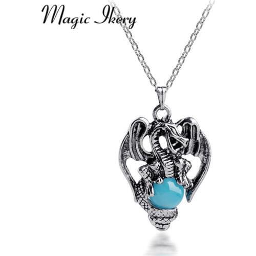 Magic Ikery Vintage Opal Dragon Pendent Necklace Punk Statement Necklace for Men Jewelry MKY1003