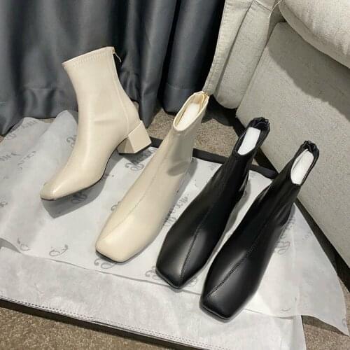 2020 Winter New Soft Leather Martin Boots Womens Boots Thick Heel Short Boots Mid-tube Zipper Square Toe Shoes Q10-71