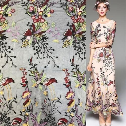 1Yard High Quality Red-crowned Crane Embroidered Lace Cloth Fabric Flower Mesh Tulle Lace Sewing Dress Clothing Costumes Craft