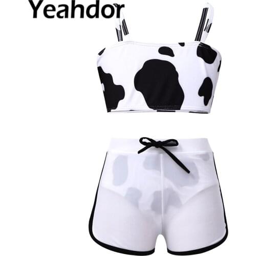 3Pcs Kids Girls Cow Spots Print Swimwear Sleeveless Crop Tops with Shorts and Briefs Set for Beach Swimming Bathing Rashguard