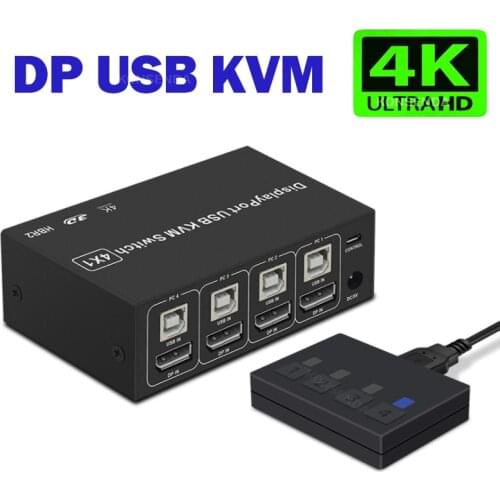 4 Port DisplayPort 4K@60Hz Ultra HD 4x1 DP KVM Switcher with 4 Pcs 5ft KVM Cables + 4 DP Cables Supports USB 2.0 Device