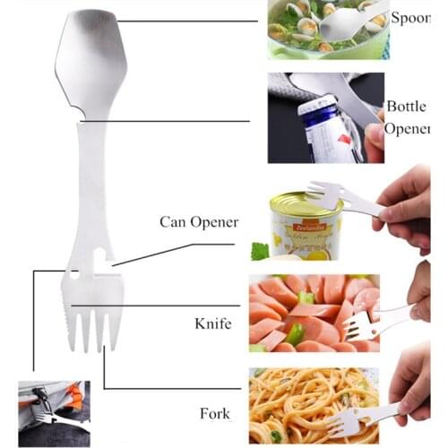 5 In 1 Outdoor Titanium Spoon Camping Tableware Bottle Opener Portable Multi Tool Spoon Knife Fork for Travel Backpacking