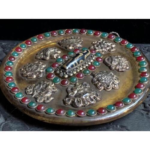 Old Tibetan natural crystals Decorative plate,handmade Inlaid with semi-precious stone beads,With as tibetan Dzi beads