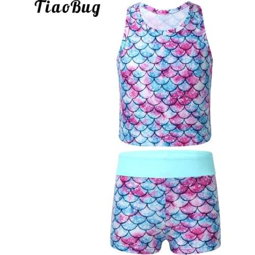 TiaoBug Kids Girls Tankini Sleeveless Racer Back Fish Scales Printed Swimsuit Swimwear Bathing Suit Set Tops With Bottoms