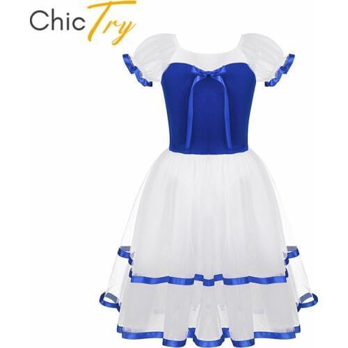 ChicTry Kids Girls Puff Sleeve Velvet Bodice Professional Tutu Ballet Leotard Long Dress Children Ballroom Lyrical Dance Costume