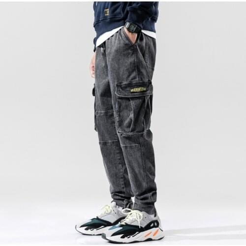 Fashion Men Hip Hop Style Loose FIt Jeans Harem Pants Elastic Waist Pockets Cargo Pants Casual Streetwear Joggers Denim Trousers