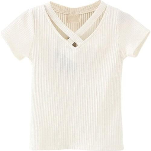 Cotton T-shirt Solid Color Hollow V-neck Tops Childrens Clothing New Baby Kids Girls Short Sleeve Fashion Regular 2021