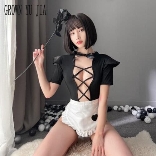 Porno Open Bra Romper Women Long Backless Maid Uniform Bodysuit Cosplay Erotic Costums Sexy Women Intimate Naughty Lingerie Hot