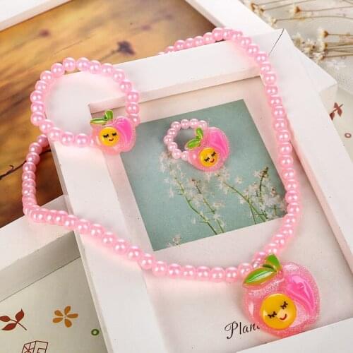 Cute Pink Imitation Pearl Beaded Kid Jewelry Sets Resin Pendant Charm Necklace Bracelet Ring Jewelry Sets 3pcs/lot Free Shipping