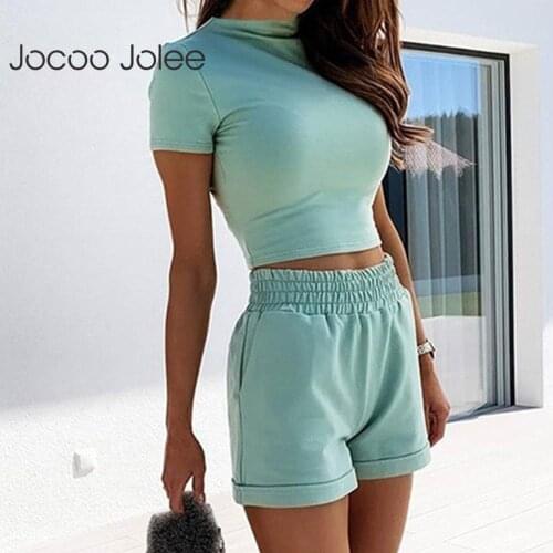 Jocoo Jolee Women Summer Two Pieces Set O-Neck Casual Skinny Crop Top Tracksuit And Elastic Waist Pockets Loose Solid Shorts