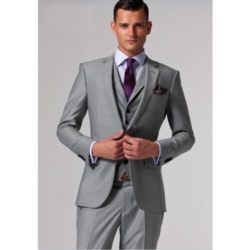 Best Custom Made Slim Fit 2 Buttons Light Grey Groom Suit Notch Lapel Best Man Groomsmen Men Wedding Suits (Jacket+pant+vest+Tie
