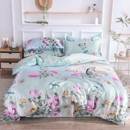 Bonenjoy Satin Silk Bed Linen China Silk Bedding Sets Queen King Size Floral Printed Duvet Cover Twin Bedcloth Summer Bed Sheets