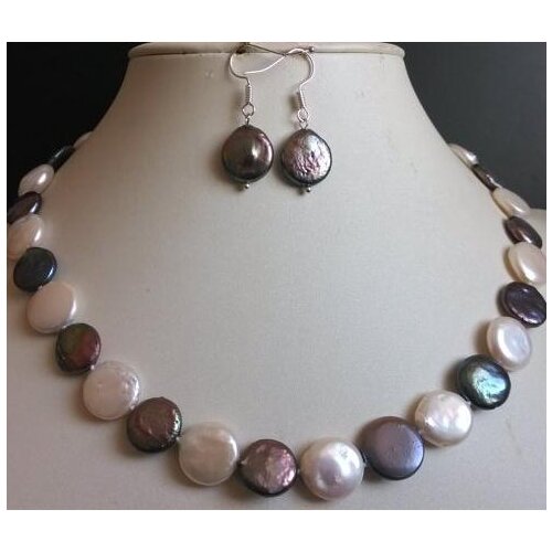 Charming Pearl Jewelry Set 45cm 10-11mm White Black Coin Freshwater Pearl Necklace Earrings Birthday Jewelry